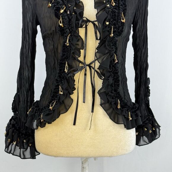 Lucy Collection Black Sheer Ruffle Beaded Tie Front Blouse Top S/M Boho Party - Picture 14 of 16